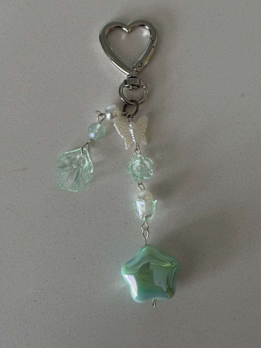 Handmade Y2K Style Pastel Green Star and Butterfly Beaded Keychain